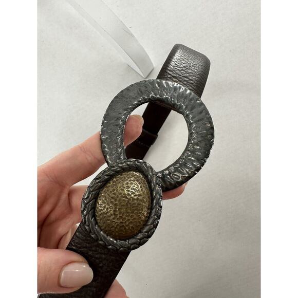 Chico's Belt Adjustable Brown Leather Hook Silver Gold Tone Big Buckle Statement - Picture 12 of 13